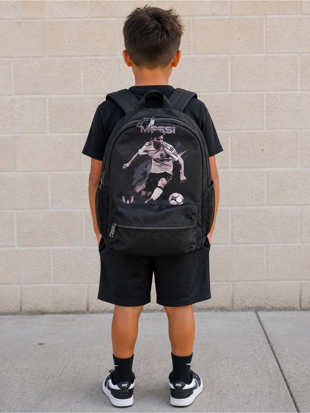 Black Messi backpack with graphic of a soccer player in action